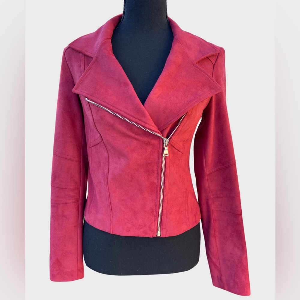 Express red faux suede fitted moto jacket • size XS